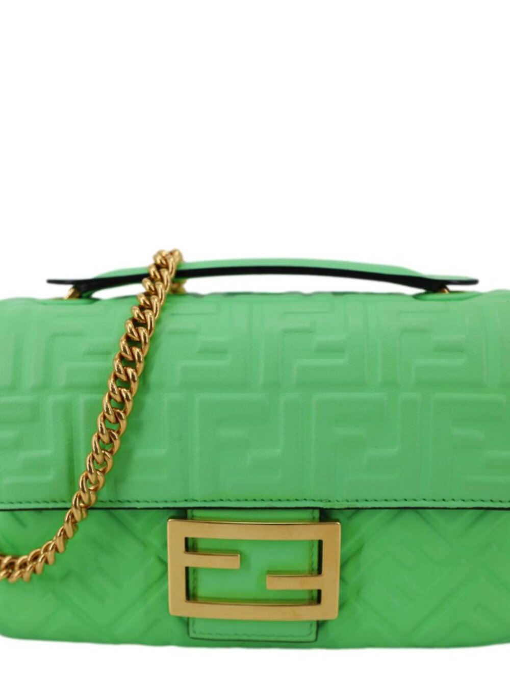 Fendi Baguette FF Embossed Nappa Leather Chain Shoulder Bag Green
